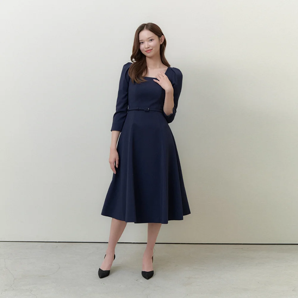 Square-neck Flare Dress(LL) / Navy(5color)