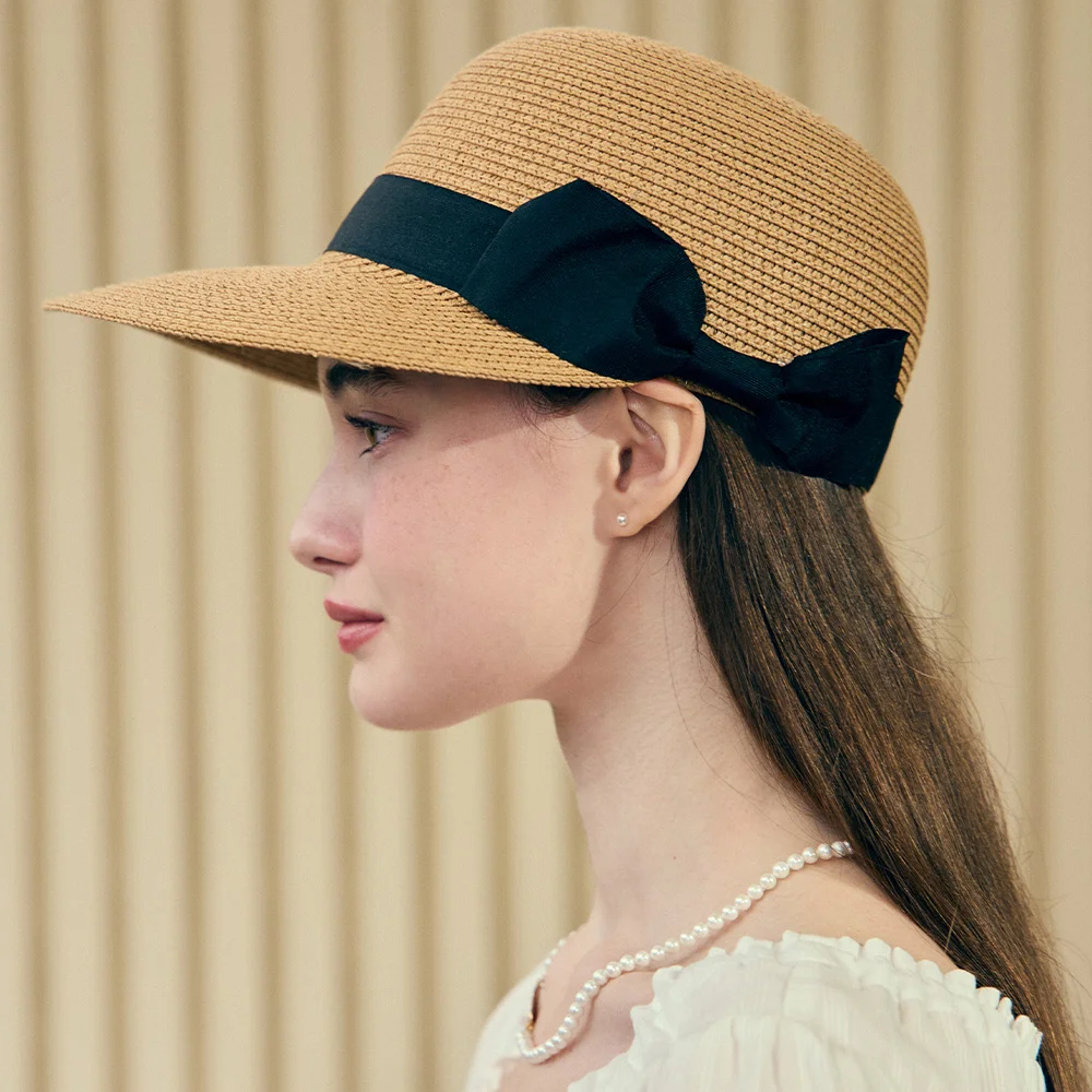 Ribbon Rattan Sun Visor Hat - Beige