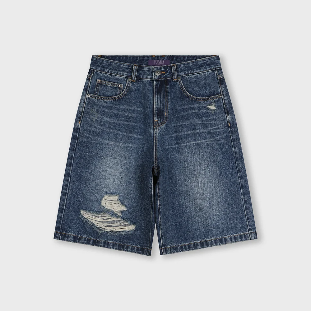 DISTRESSED WIDE DENIM SHORTS BLUE