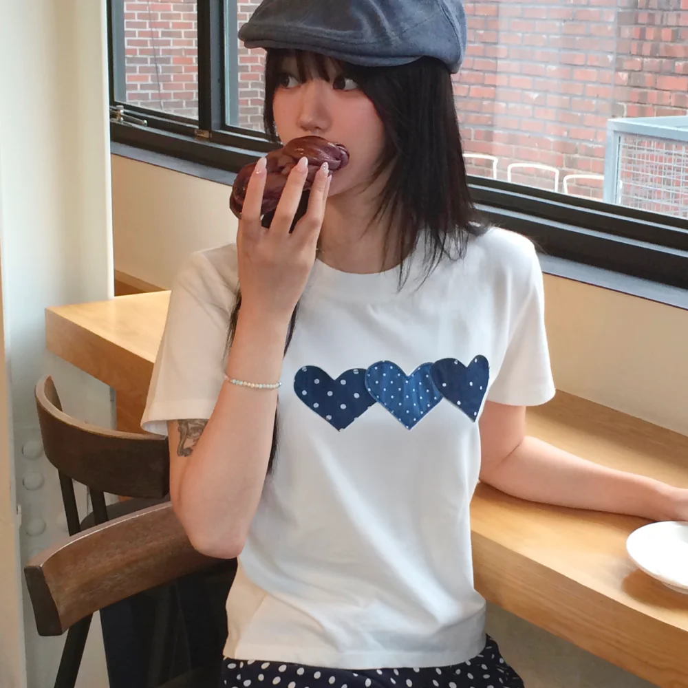 Denim Dot Heart Patch Cotton T-shirt White