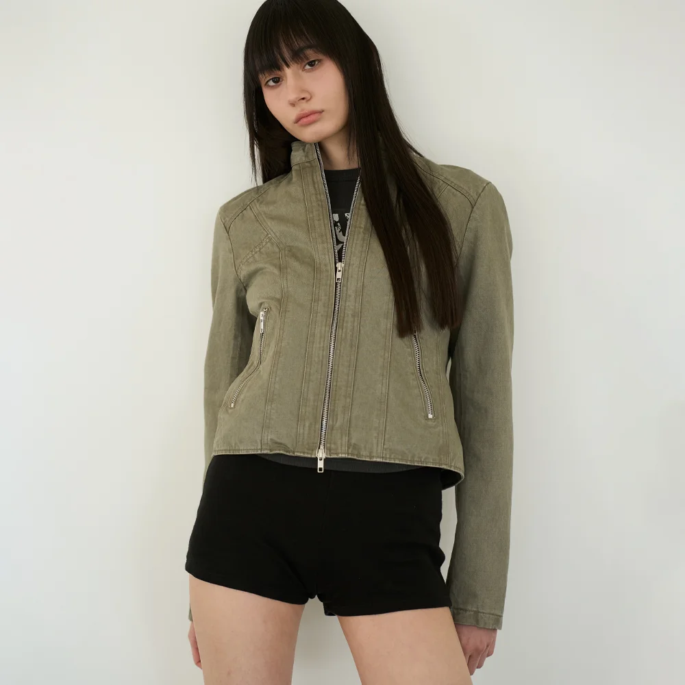Crop Cotton Biker Jacket in Khaki
