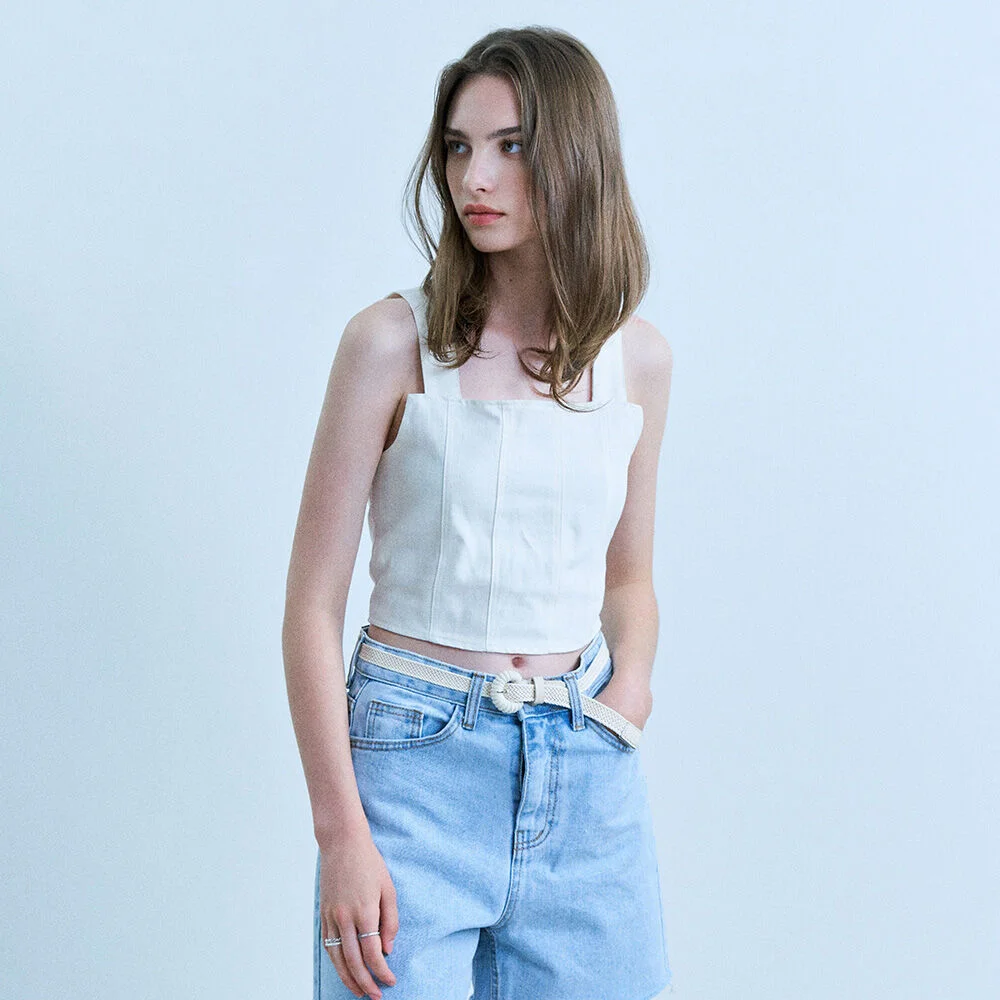 Square back seersucker ribbon sleeveless - ivory