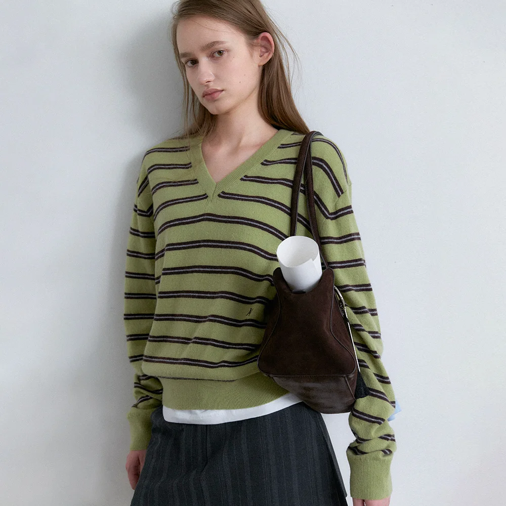 (T-7302)WOOL STRIPE V-NECK KNIT