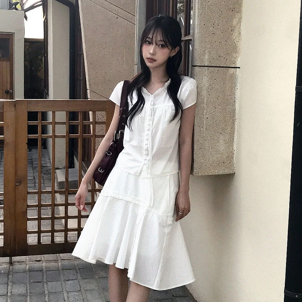 (女裝) 不對稱 荷葉邊 中長 半身裙_白色