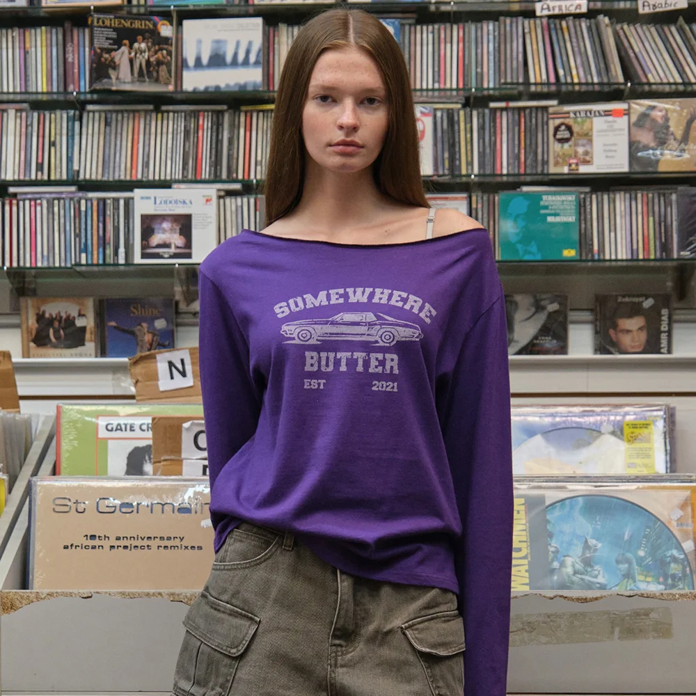 Vintage Car Off Shoulder Top - Purple