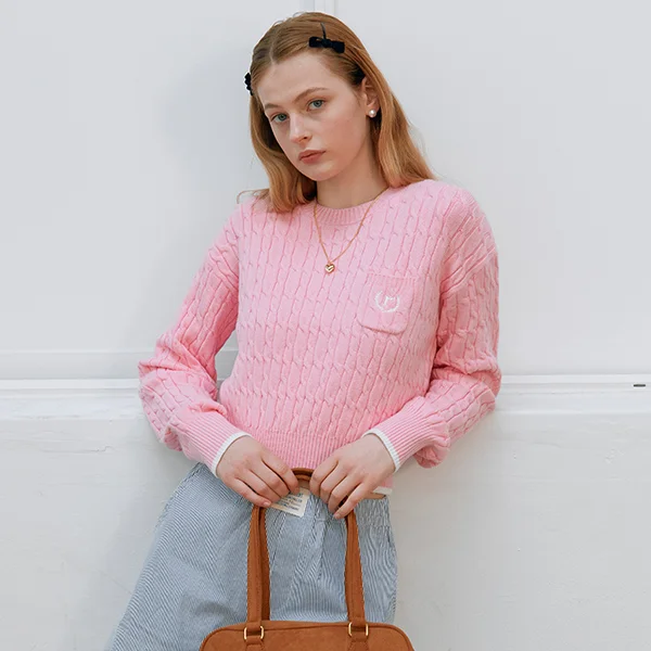 ROUND NECK CABLE KNIT PINK