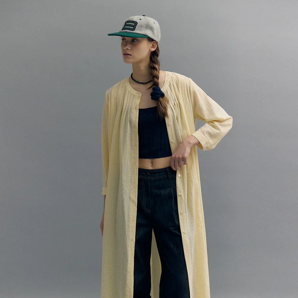 BELTED PINTUCK LONG DRESS (butter beige)