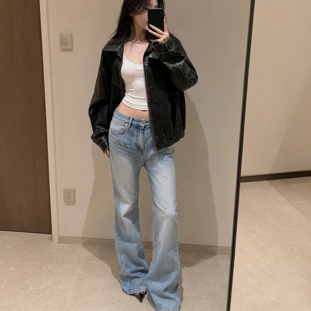拼接 半 靴型 牛仔 褲子 淺 藍色