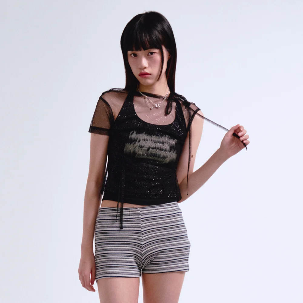 GLITTER SEE THROUGH ONE SHOULDER LAYERED TEE BLACK