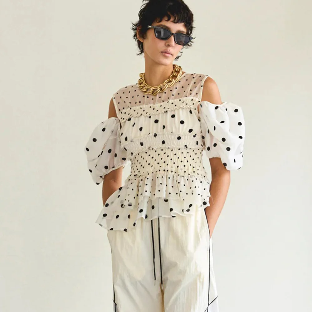 (W) 2WAY SLEEVE DOT RUFFLE BLOUSE (MULTI)