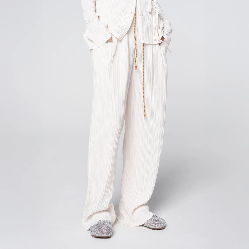Contrast Drawstring Pleated Pants Ivory