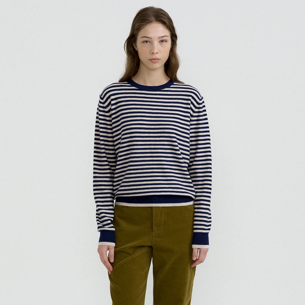Classic Round Neck Knit (Navy Stripe)