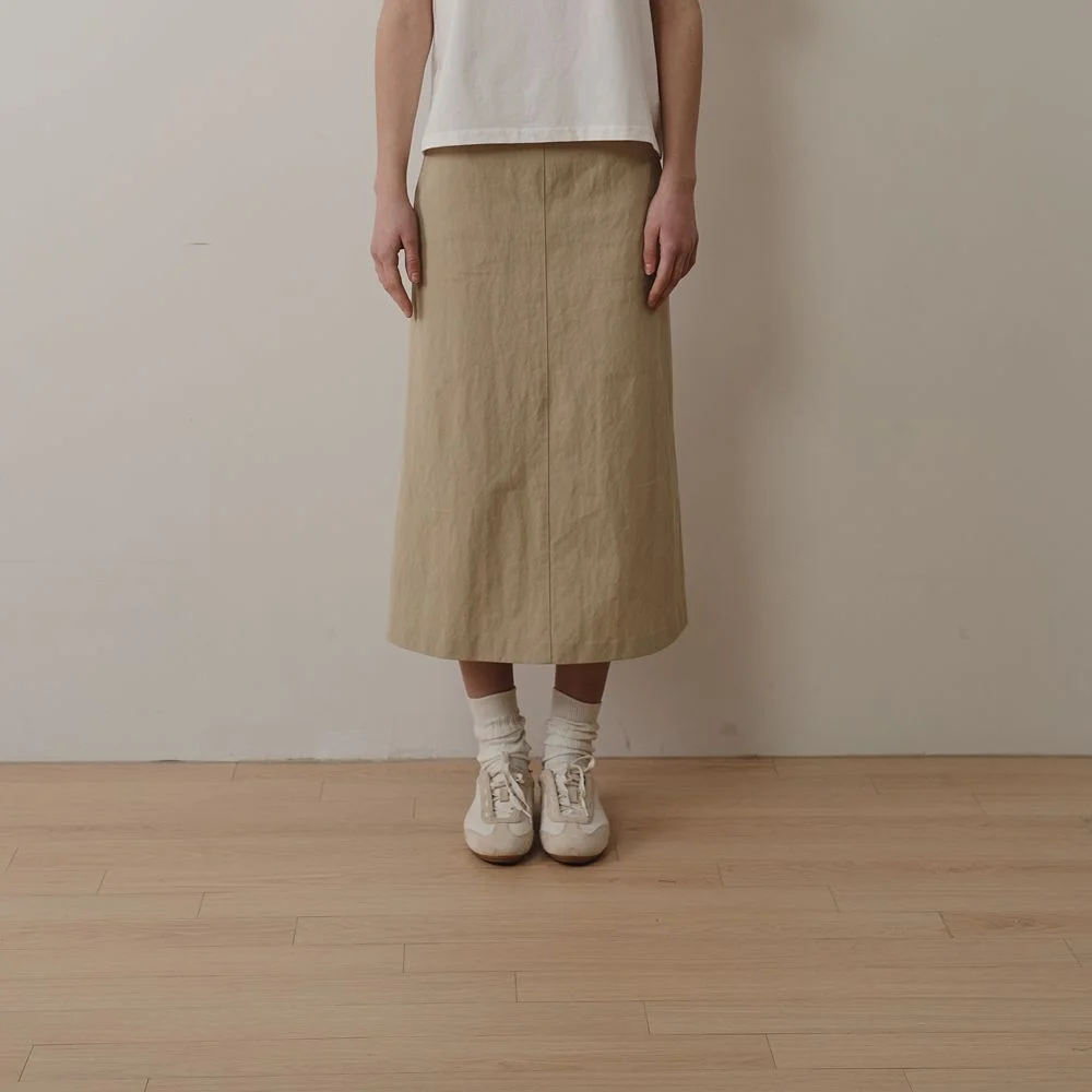 Washed Twill Long Skirt (Beige)