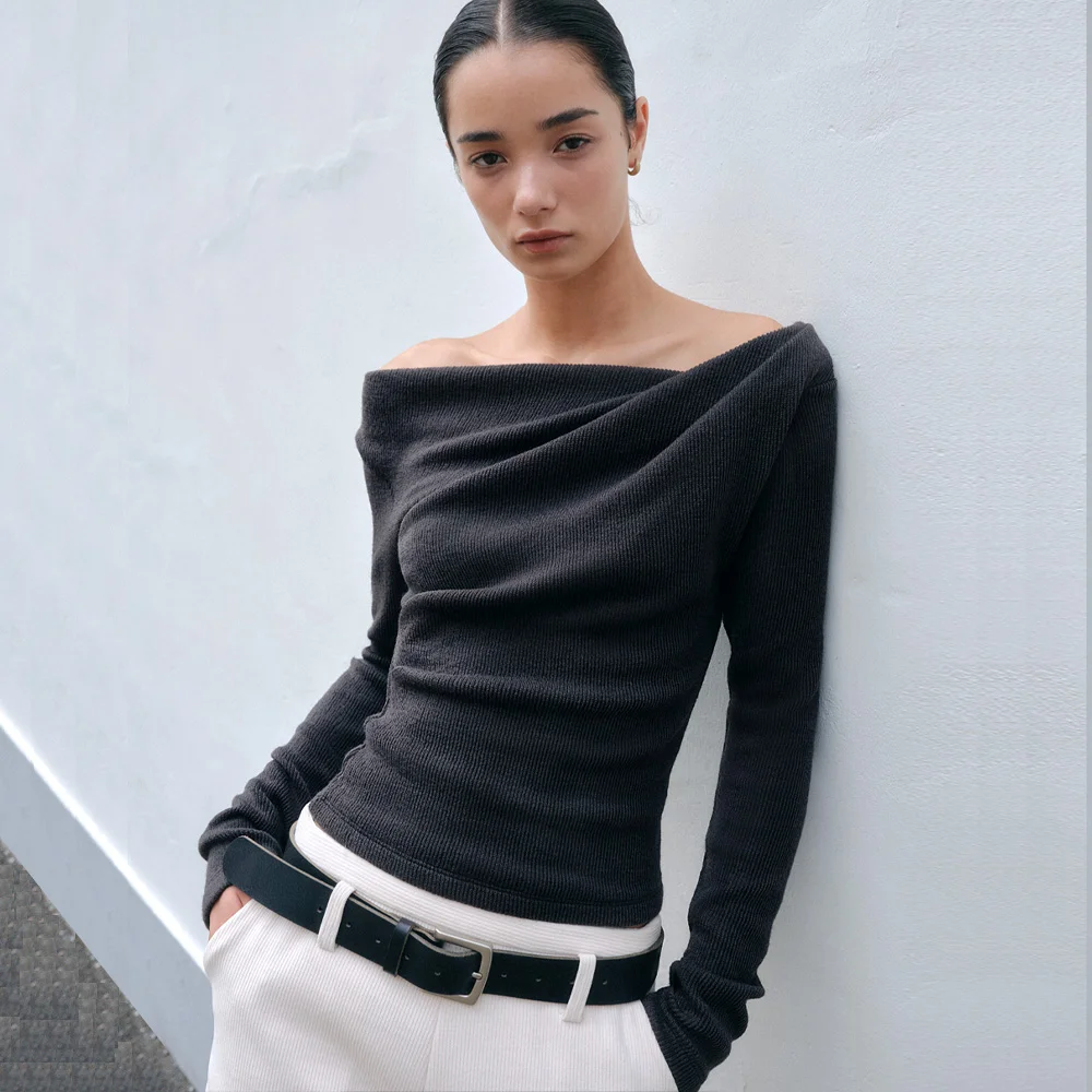 VIA SHIRRING TOP_CHARCOAL