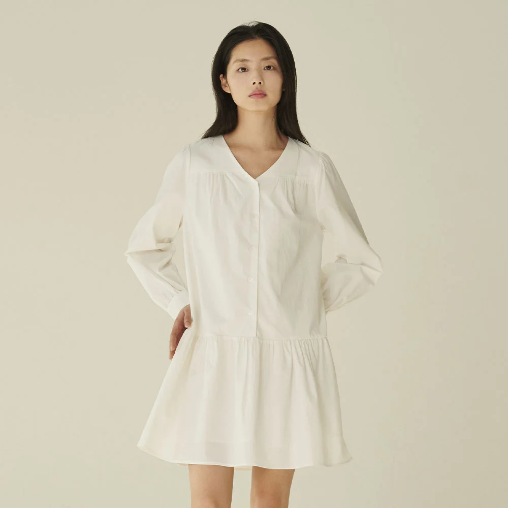 V領 抽褶 長袖 連身裙 - 白色/ V-Neck Shirring Longsleeve Dress - White
