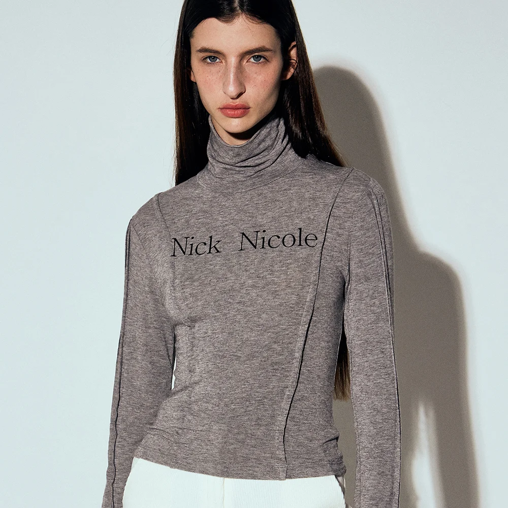 NICOLE PINTUCK LINE TURTLENECK TOP_GRAY