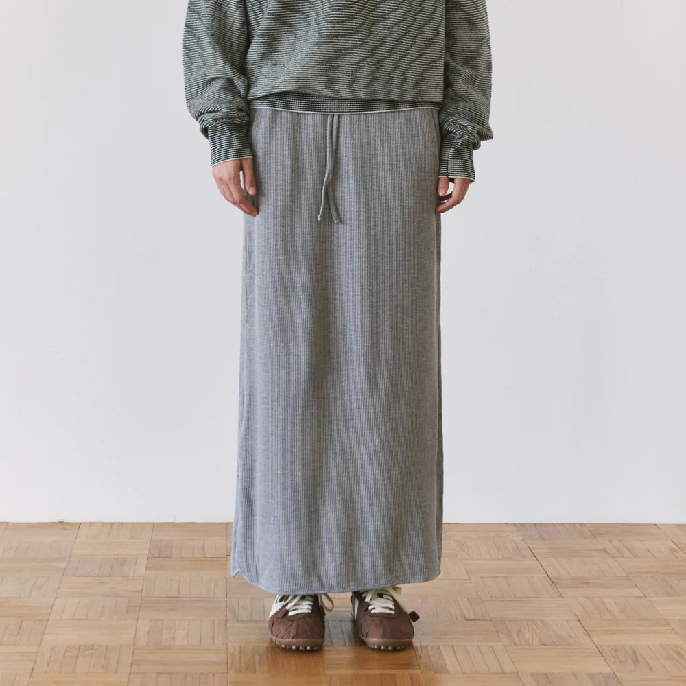 SIST9074 華夫格 鬆緊帶 長 半身裙_Melange gray