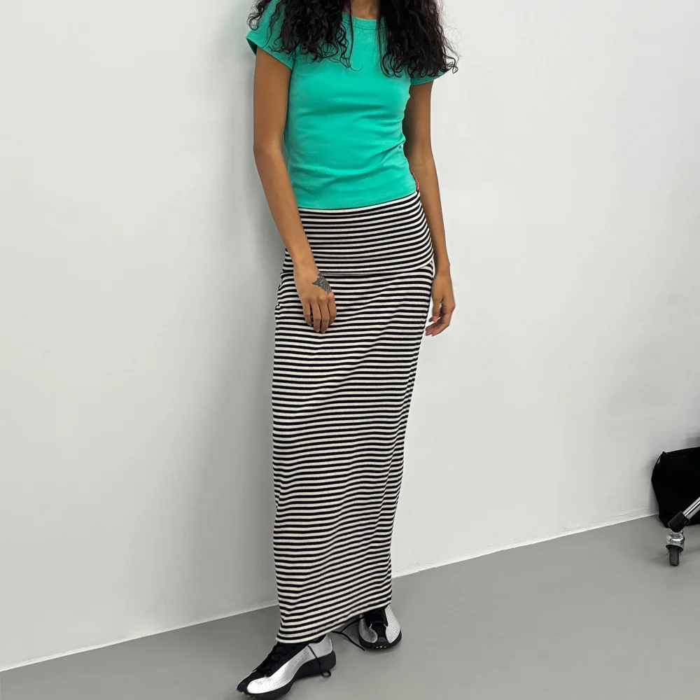 PWC FOLDING WAIST JERSEY MAXI SKIRT_BLACK STRIPE