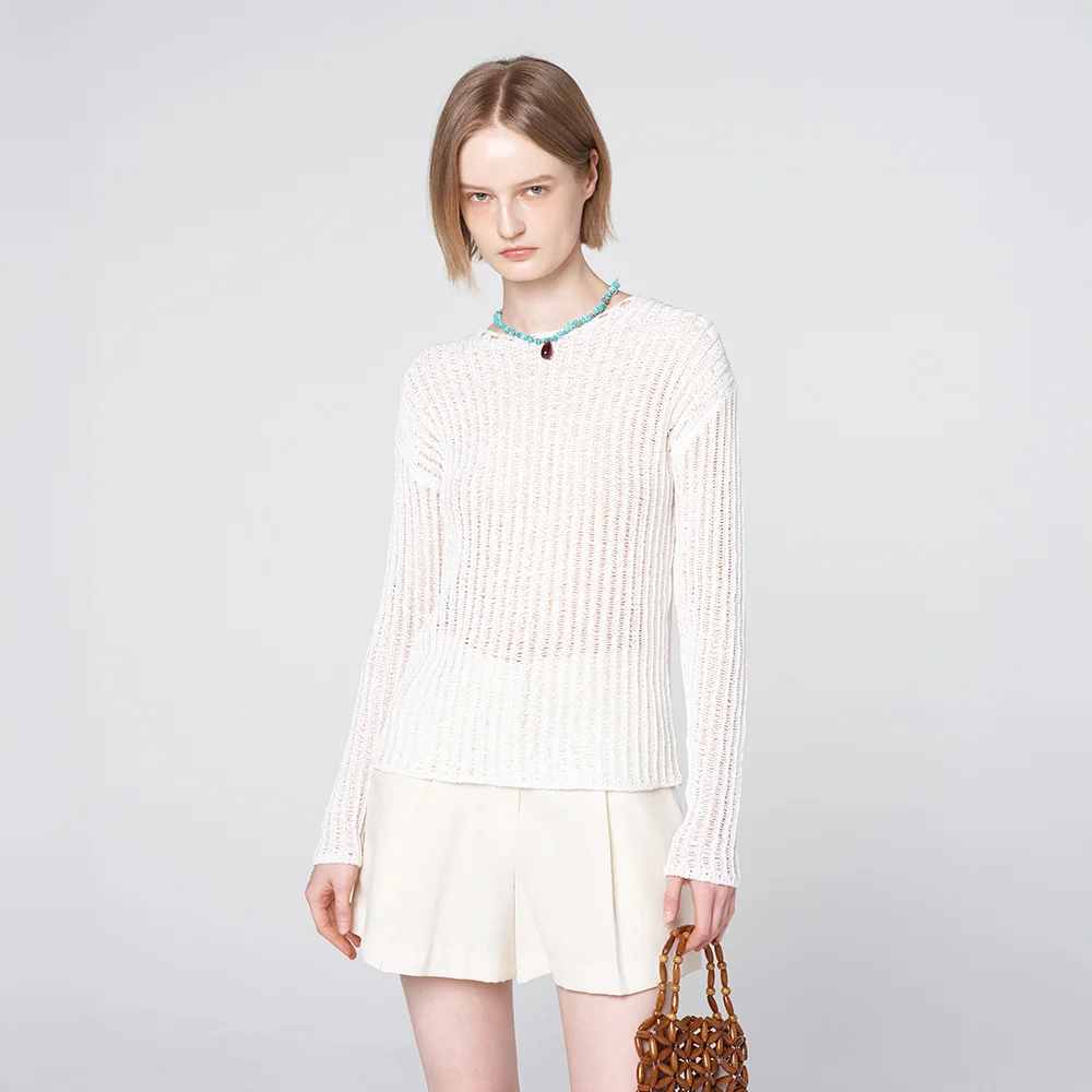 Open Knit Texture Back Label Summer Knit White