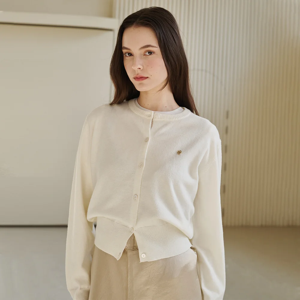 圓領 領 經典 開襟外套 - 象牙色 / Round Neck Classic Cardigan - Ivory
