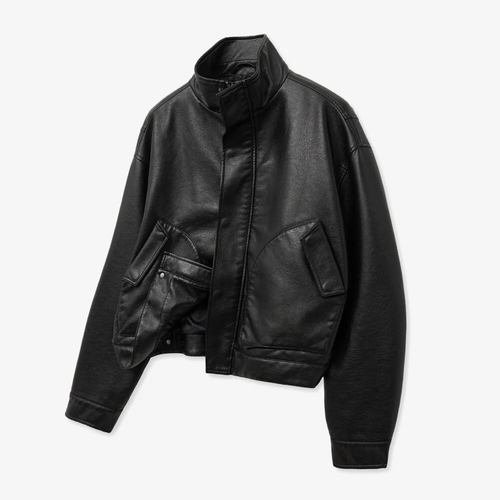 8248 水洗 皮革 短身外套 夾克 (BLACK)