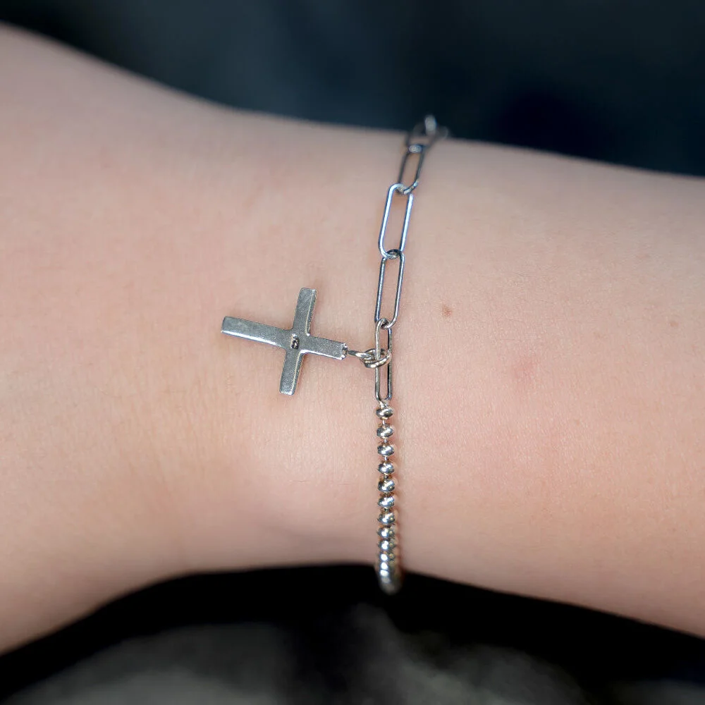 HR 113B_Cross Half & Half Chain Bracelet (Silver 925)