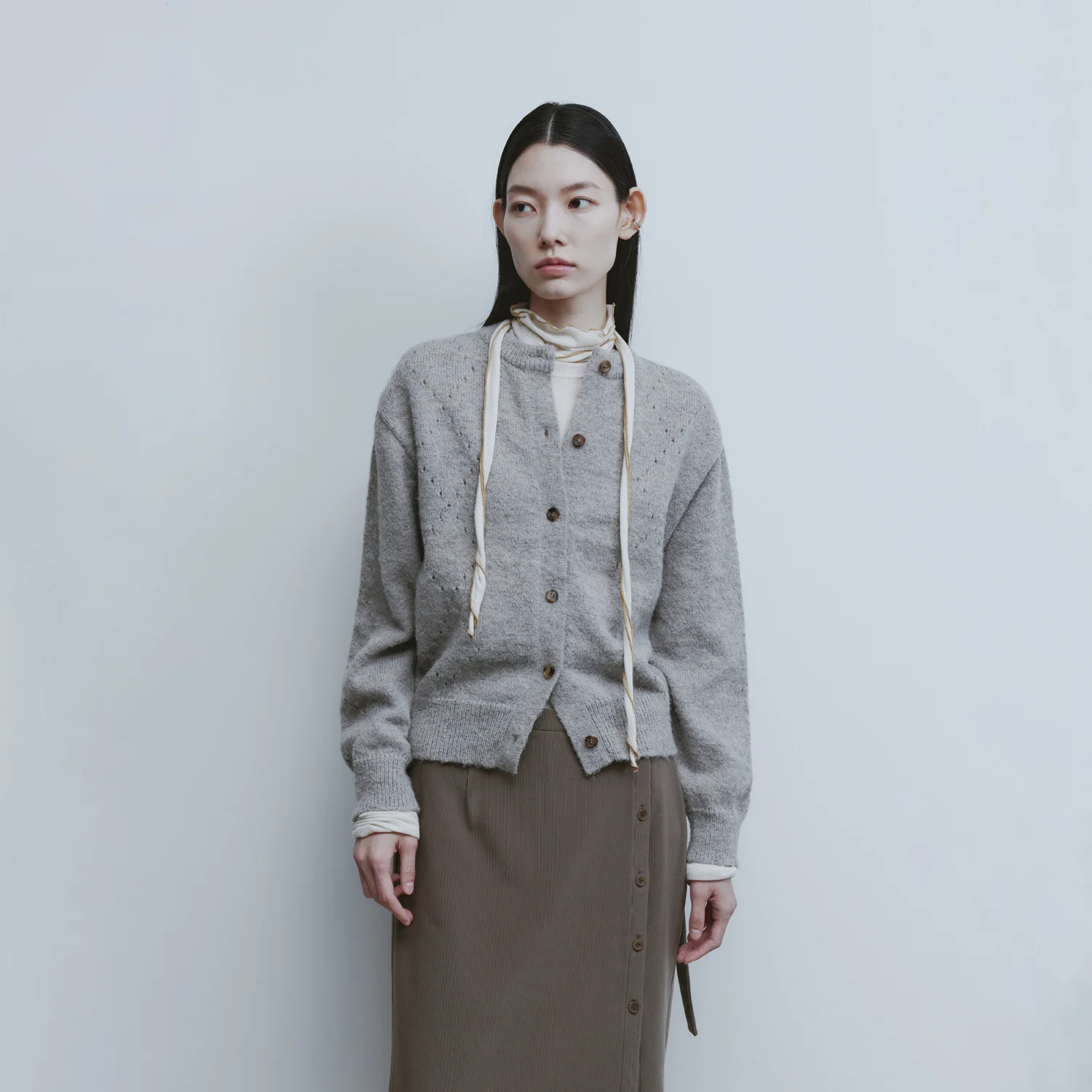 Argyle Punching Knit Cardigan - Light Grey