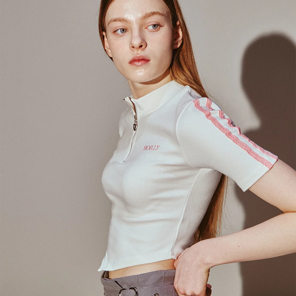 Lace Tape Half Zip-Up Ivory