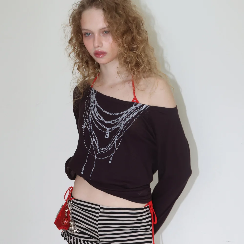 SHEER NECKLACE OFF-SHOULDER TOP_DEEP BROWN