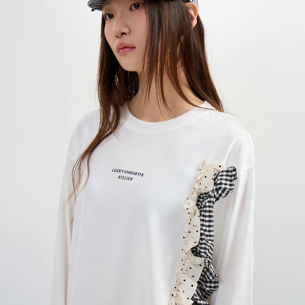 Woven Frill Long Sleeve T-shirts (white) LFTAM26840WHX