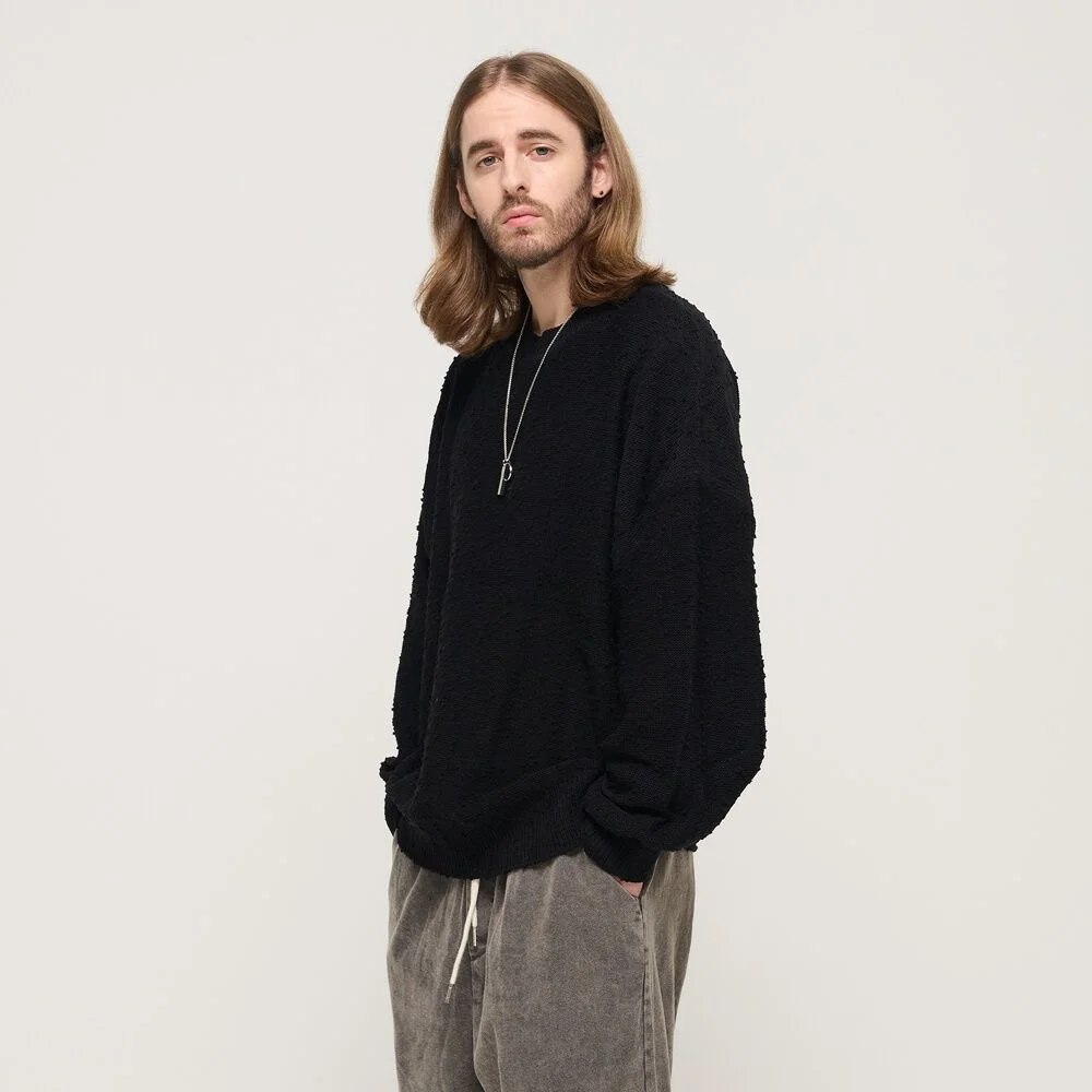 DROP BLOCK KNIT SEMI-OVERSIZED SWEATER (BLACK)