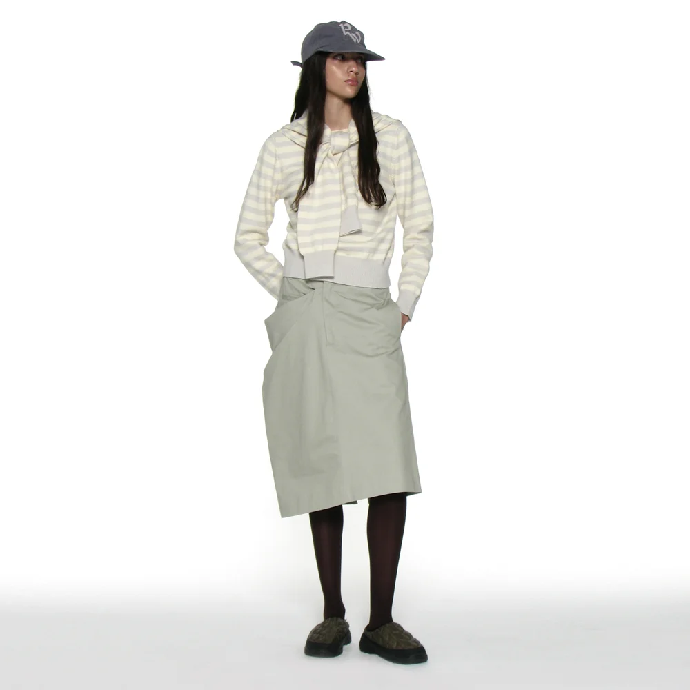 ASYMMETRIC DRAPE PANEL MIDI SKIRT_STONE