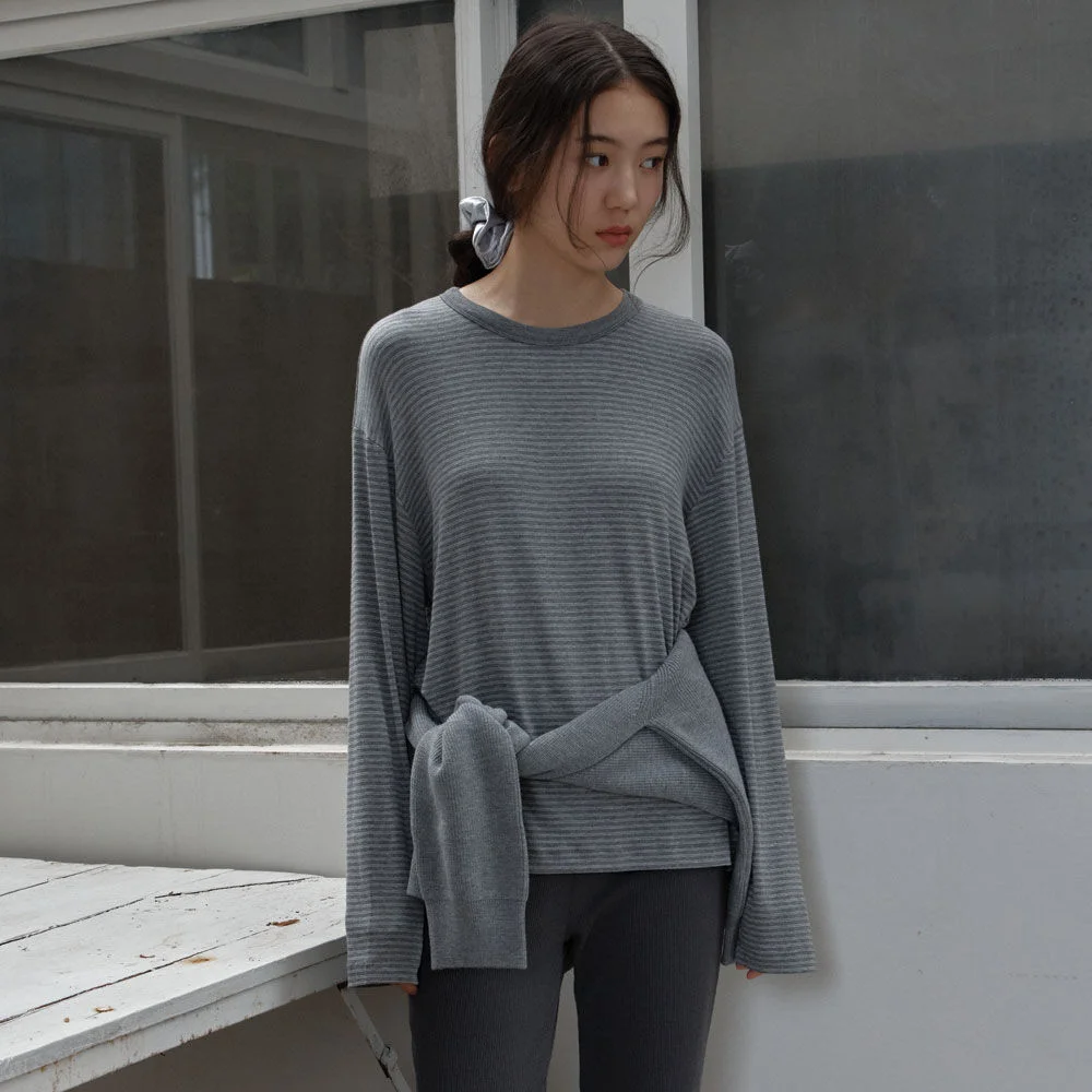 Soft Loose Stripe T-Shirts (Melange Grey)