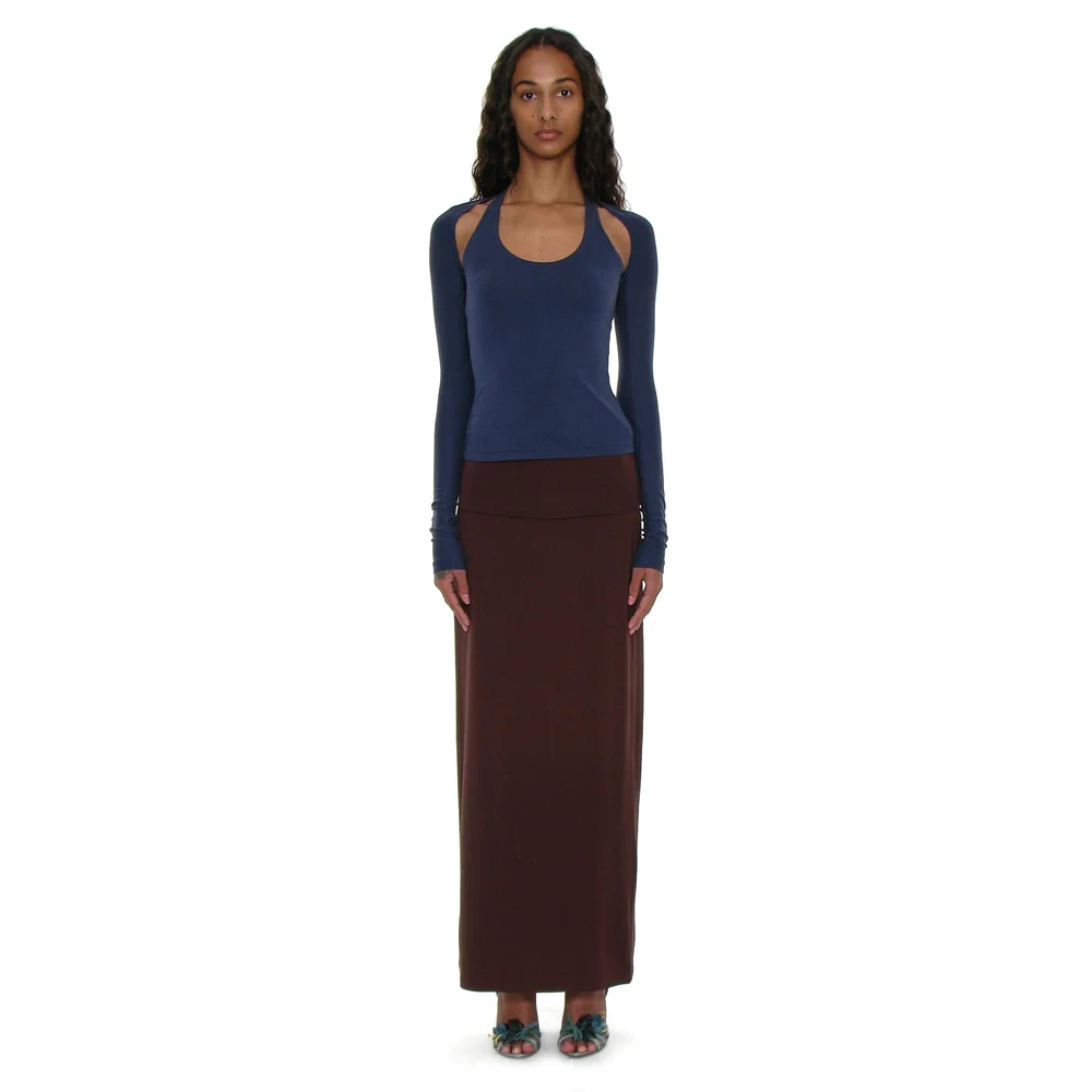 PWC FOLDING WAIST JERSEY MAXI SKIRT_DARK BROWN
