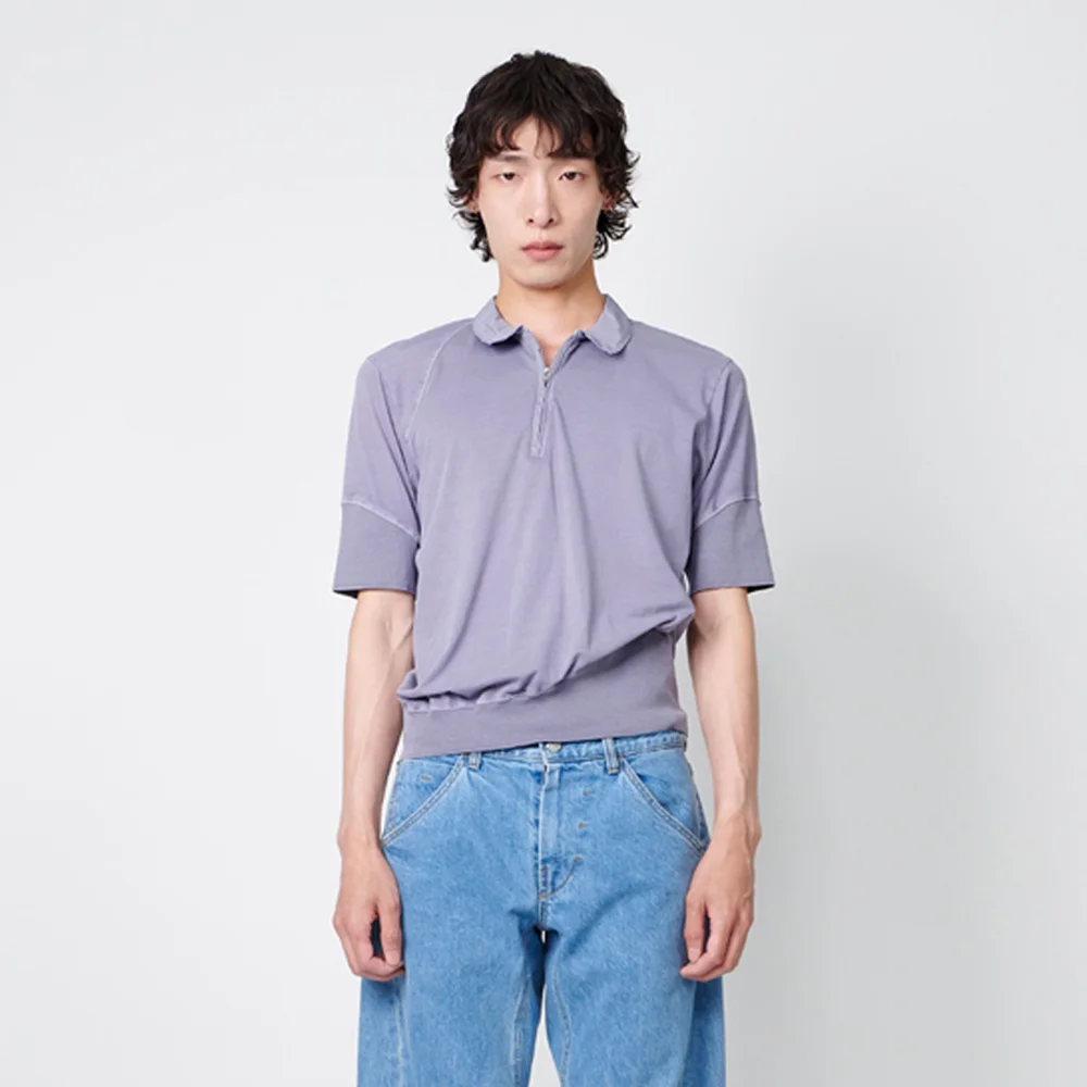 GARMENTS DYED HALF ZIP-UP 1/2 COLLAR T-SHIRTS GREYISH PURPLE