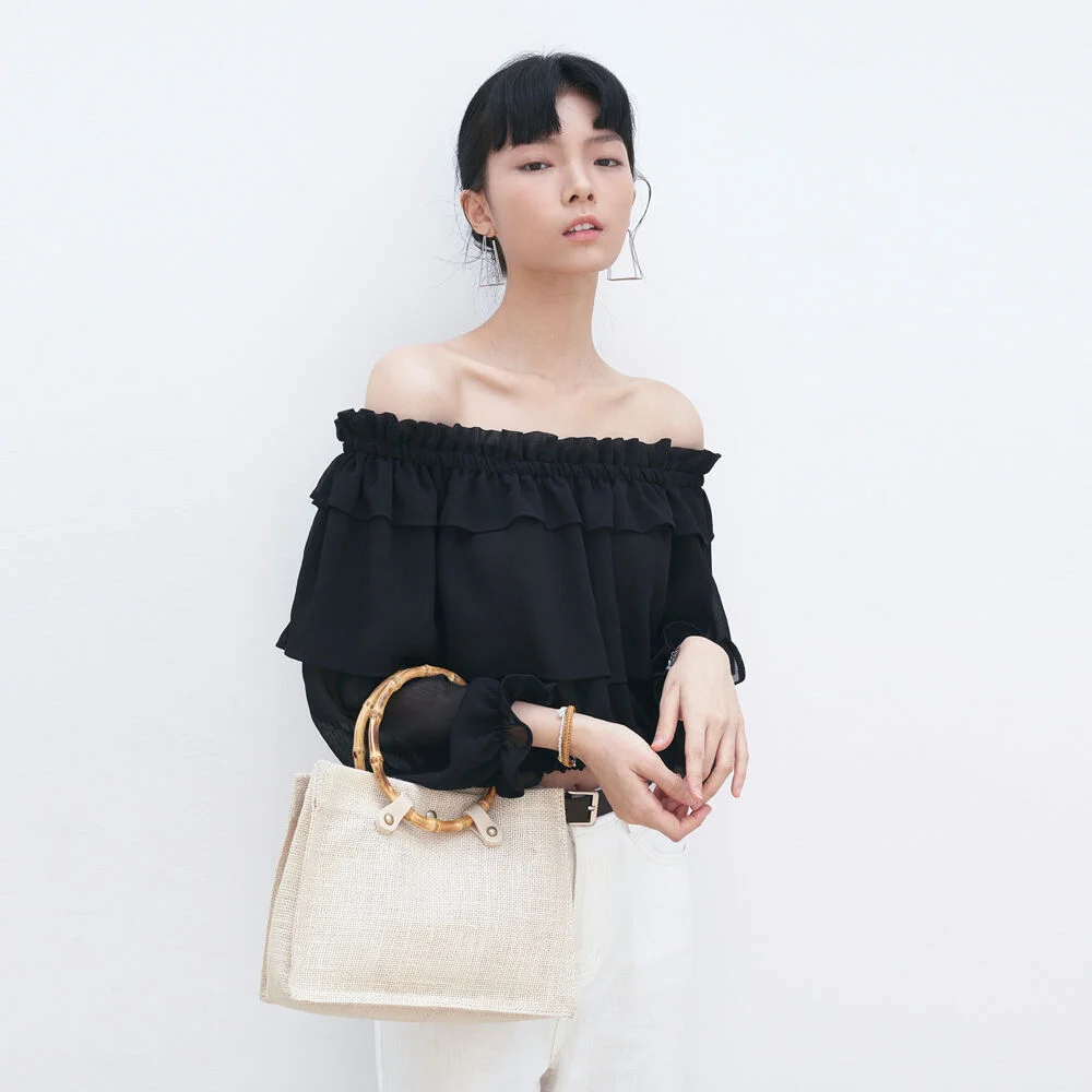 WRINKLE OFF-SHOULDER BLOUSE_BLACK