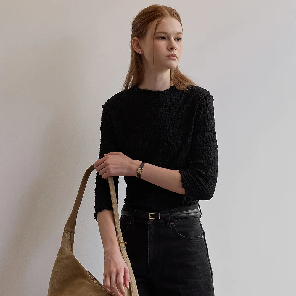 Crinkle three-quarter sleeve top - Black