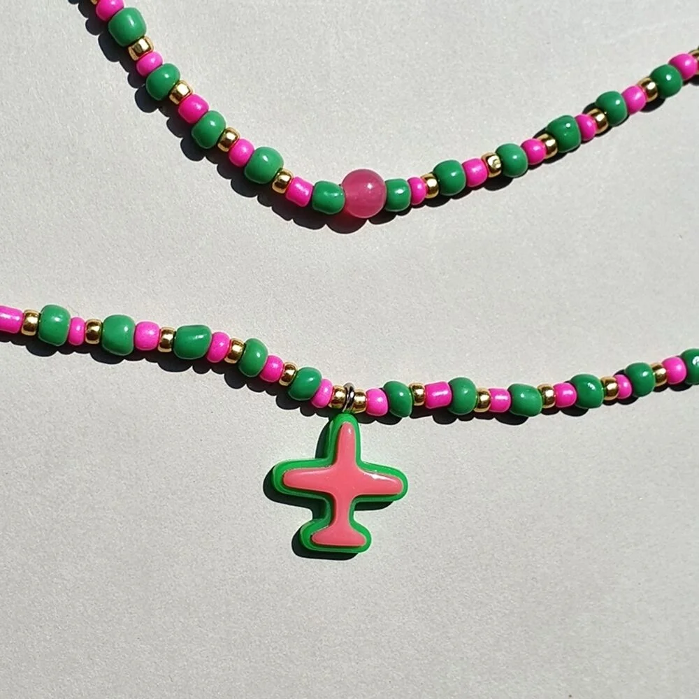 粉色 綠色 飛機 串珠 頸鏈 airplane Casual beads Necklace