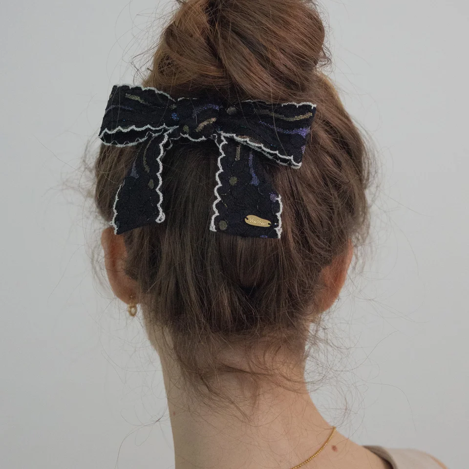 Flower lace ribbon bow hairpin (Black)