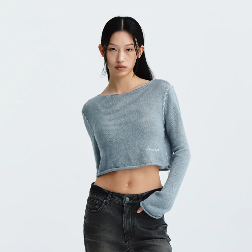 SLIMFIT SEE THROUGH STITCH KNIT TOP IN GREY