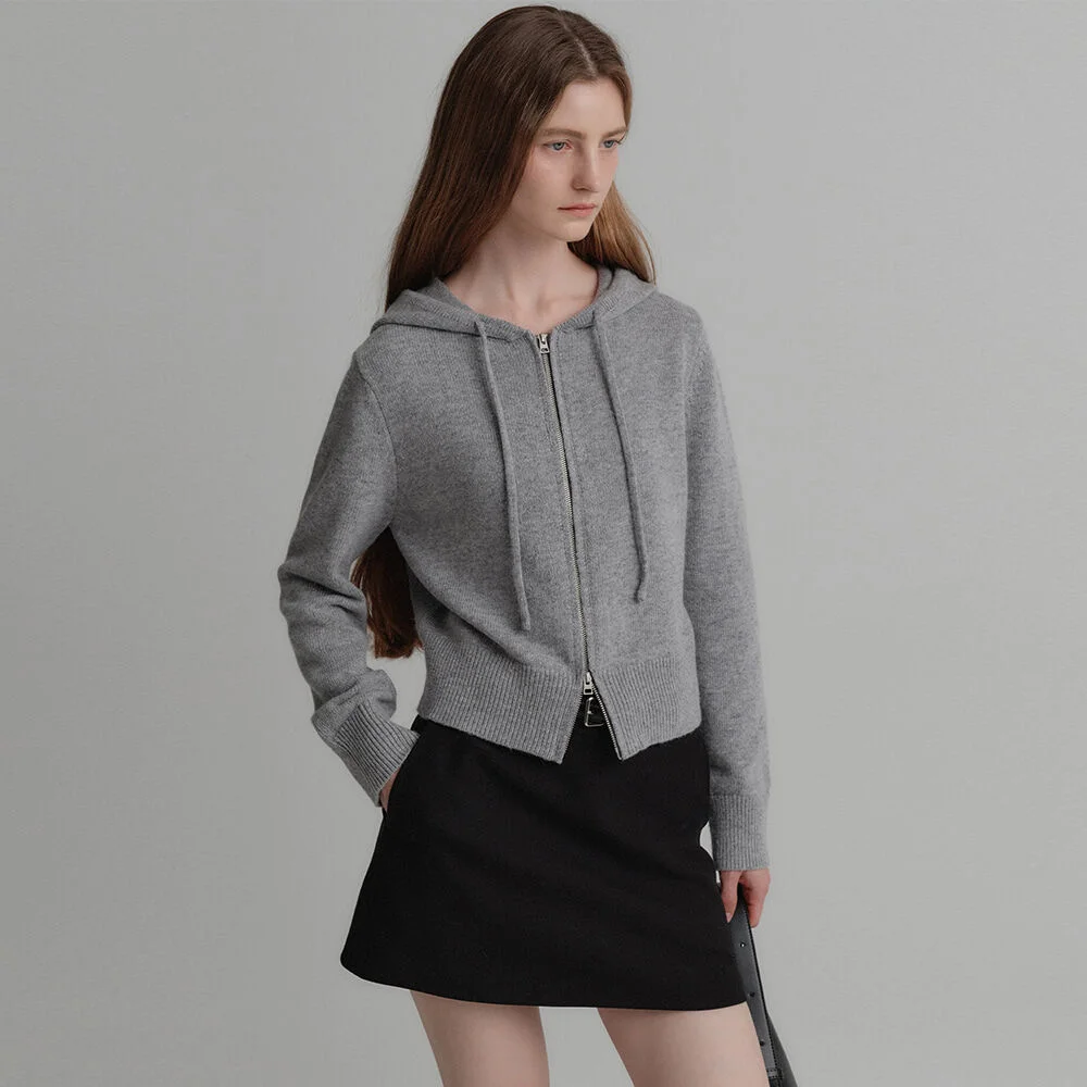 素面 羊毛 連帽衫 拉鏈 針織衫_灰色 / PLAIN WOOL HOODIE ZIP UP KNIT_GREY