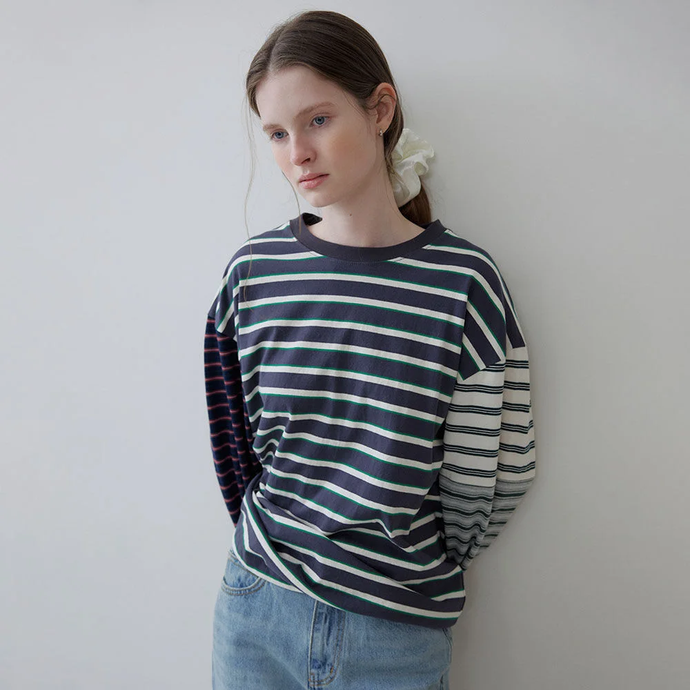Color block stripe longsleeve T-shirt _Charcoal