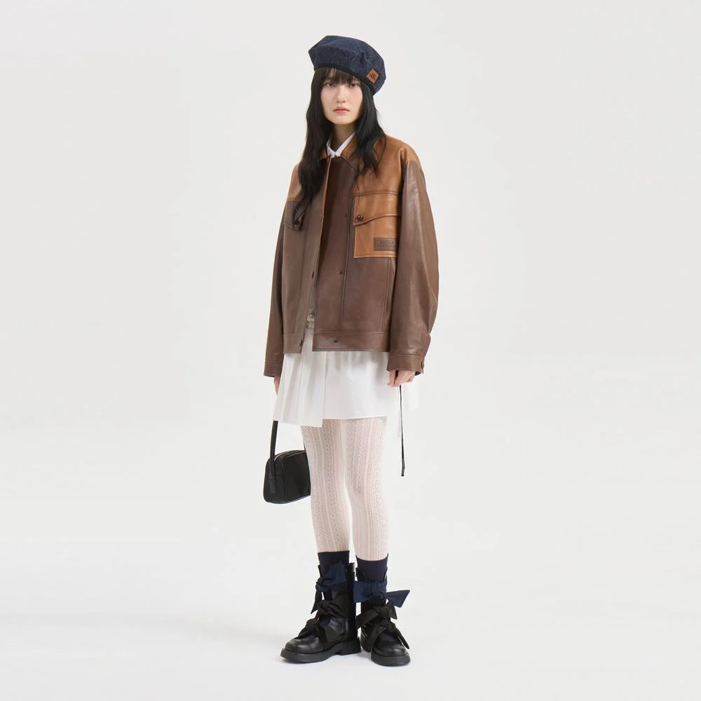 Two-Tone Collar Vegetable Real Leather Jumper (brown) LFUDS26820BRX