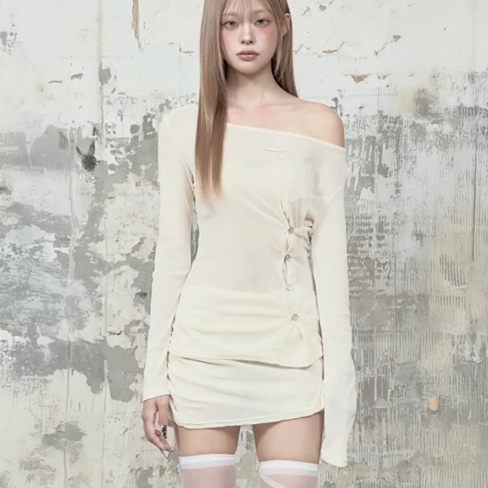 Velvet Button Shirring Slim Long Sleeve (Ivory)