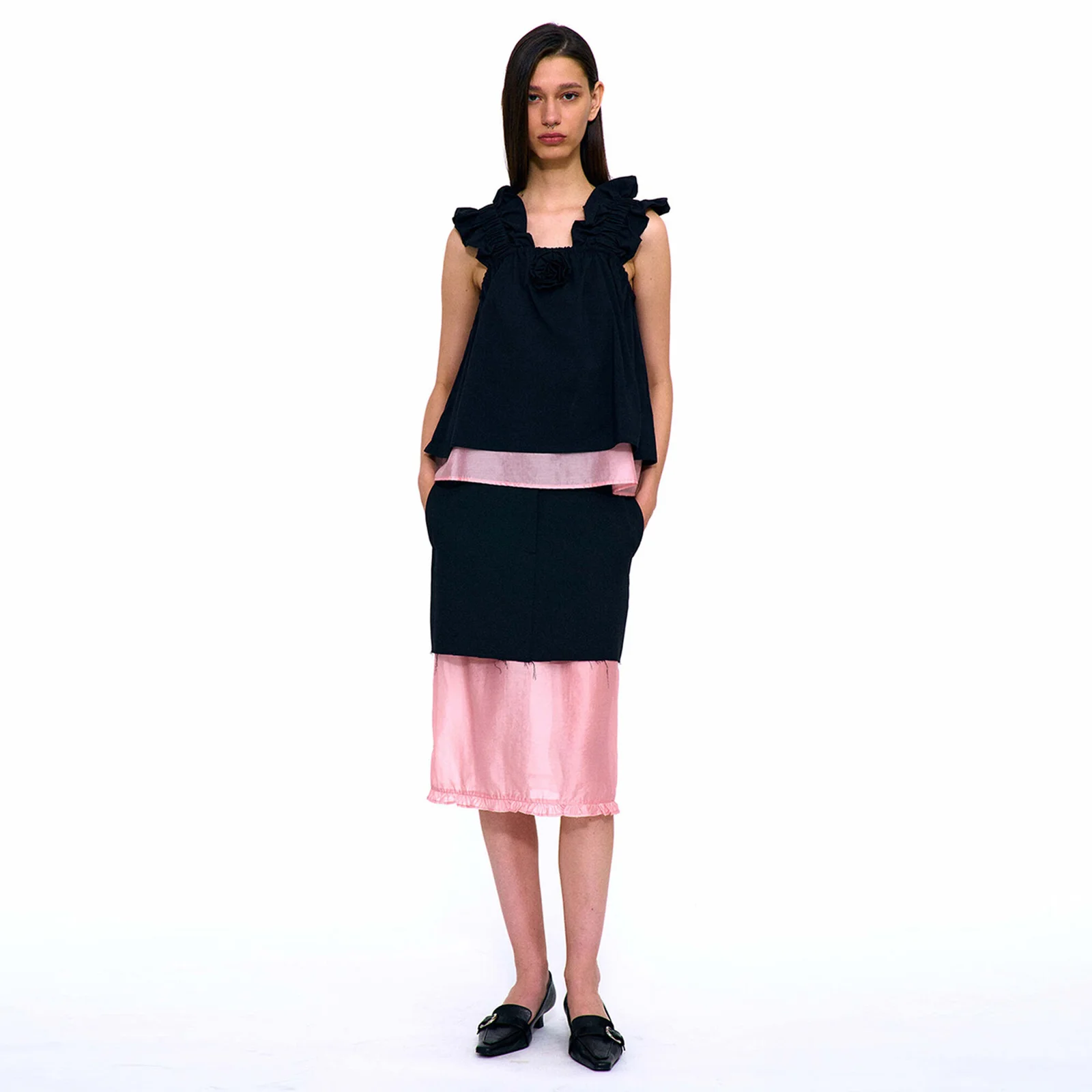 DOUBLE WAIST LAYERED MIDI SKIRT_BLACK
