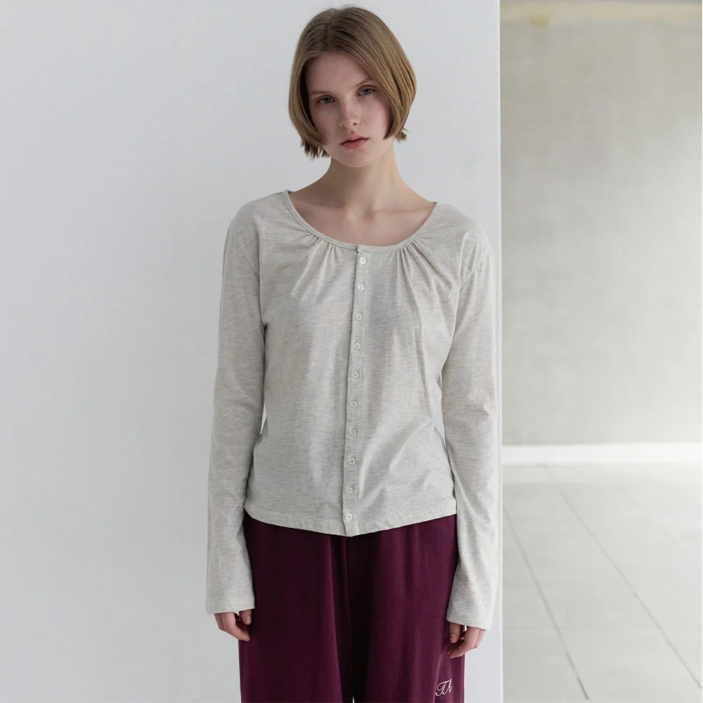 Floral Button Shirring T-Shirt (Oatmeal)