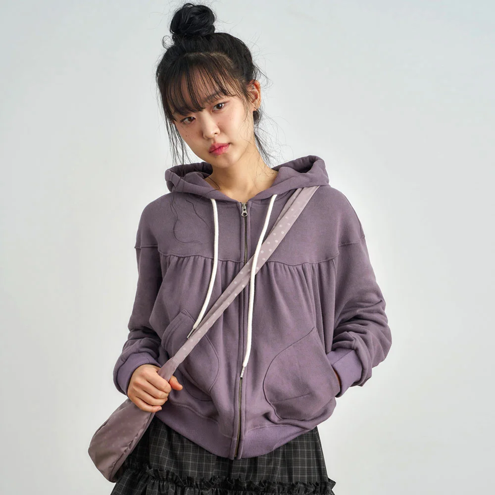 ke106-Shirring Hooded Zip Up Purple