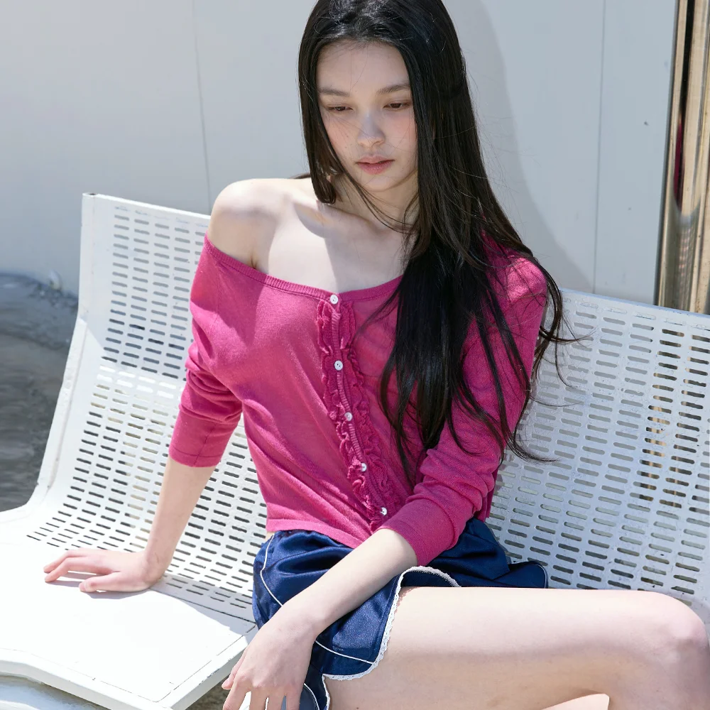 Ruffled Off Shoulder Cardigan Rose pink
