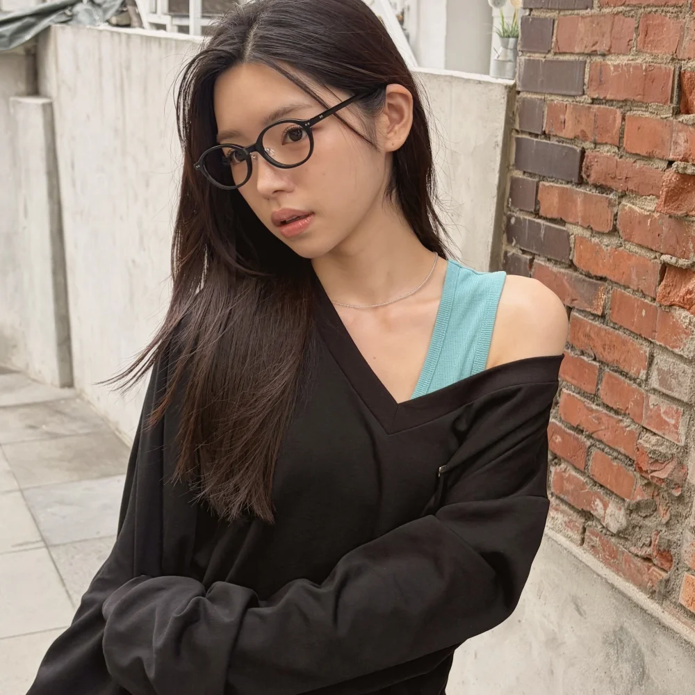 V-Neck Oversized One Shoulder 2 in 1 Black&Mint