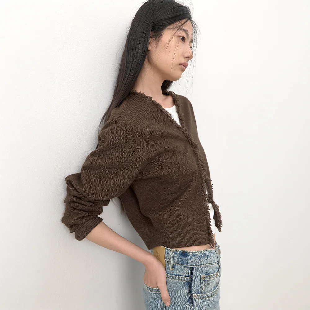 (CD-2278)FRINGE TWEED KNIT CARDIGAN